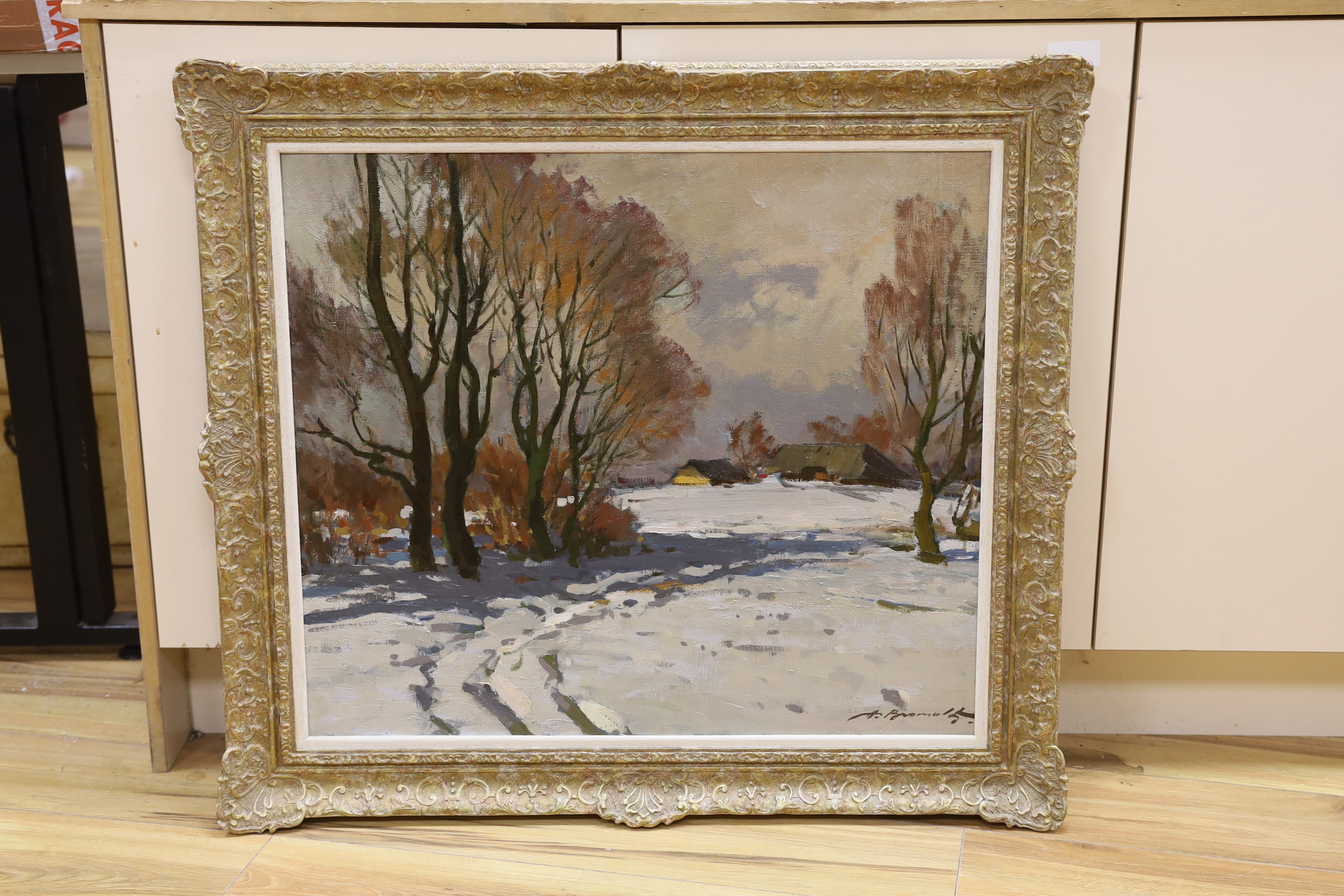 Alfejs Bromults (Latvian, 1913-1991), oil on canvas, 'Ziema', signed and inscribed verso, 60 x 69cm